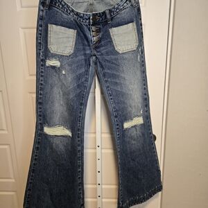 One Teaspoon Blue Flare Jeans with Distressed Details